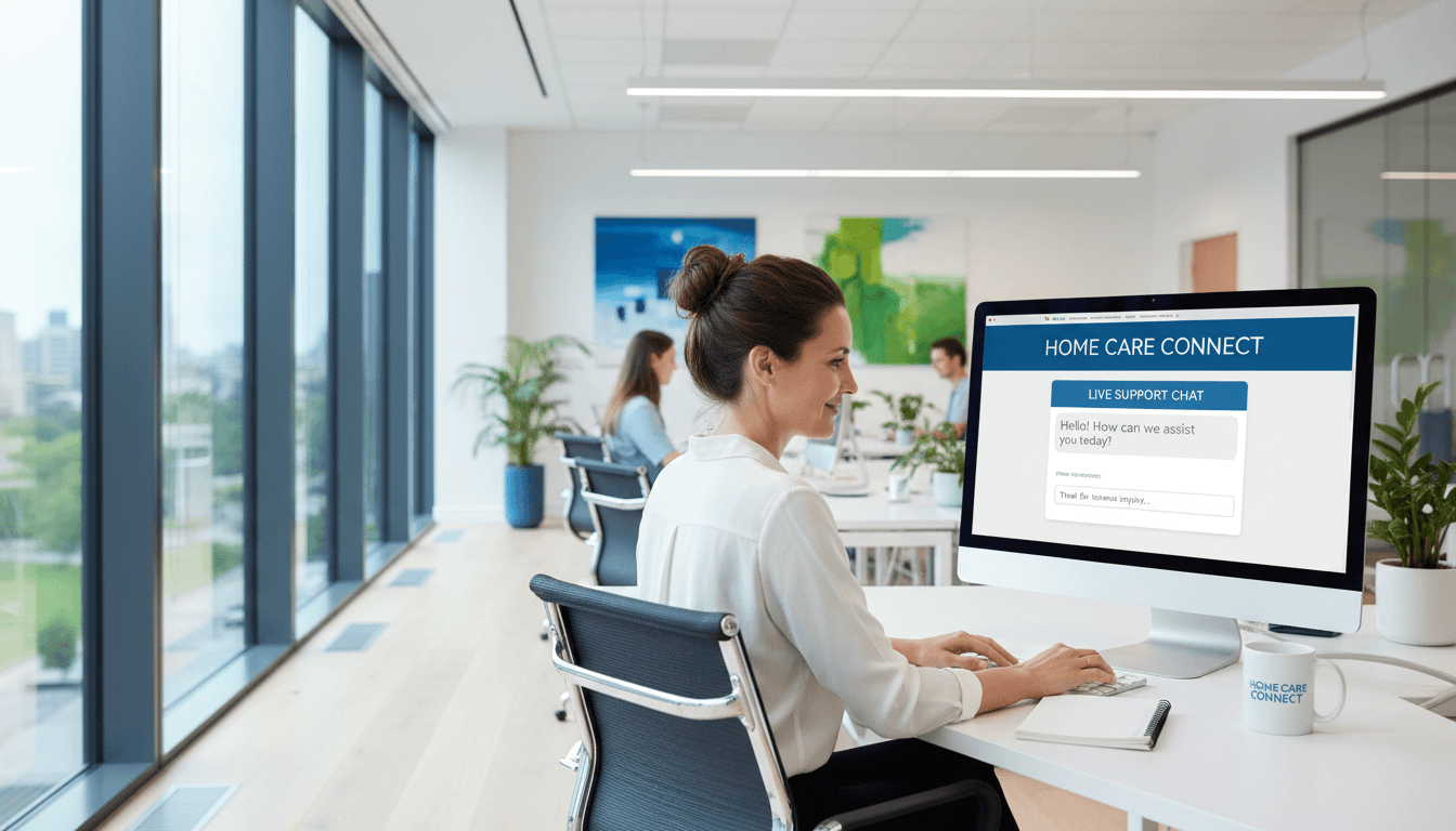 home care agency staff member responding to inquiry on computer in modern bright office