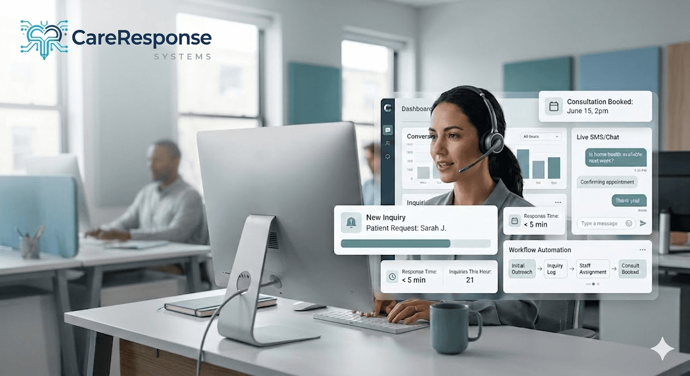 Professional woman wearing a headset at a computer with digital patient care management dashboard overlays.