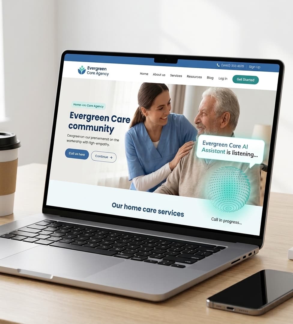 Laptop displaying the Evergreen Care Agency website featuring a caregiver and an elderly man.