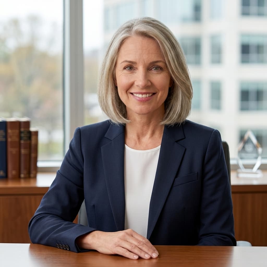 Smiling professional woman with grey hair in a navy blazer at an office desk.