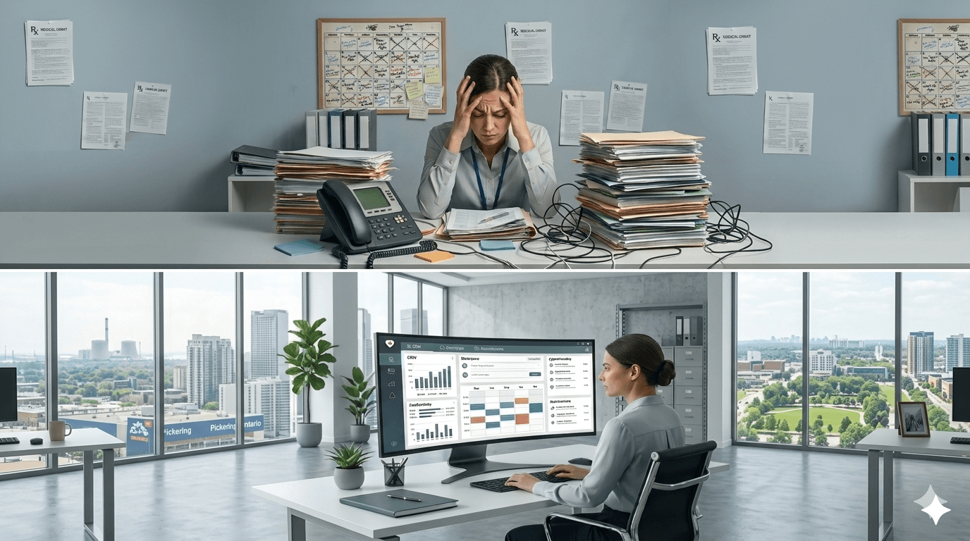 Stressed woman at a cluttered desk versus a calm professional at an organized digital workstation.