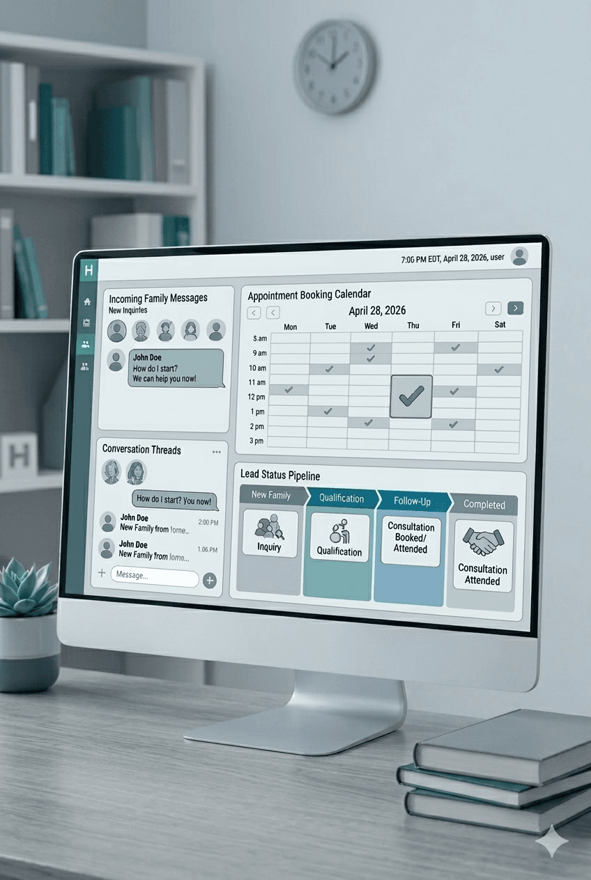Computer monitor displaying a dashboard for managing family messages, appointments, and lead status pipelines.