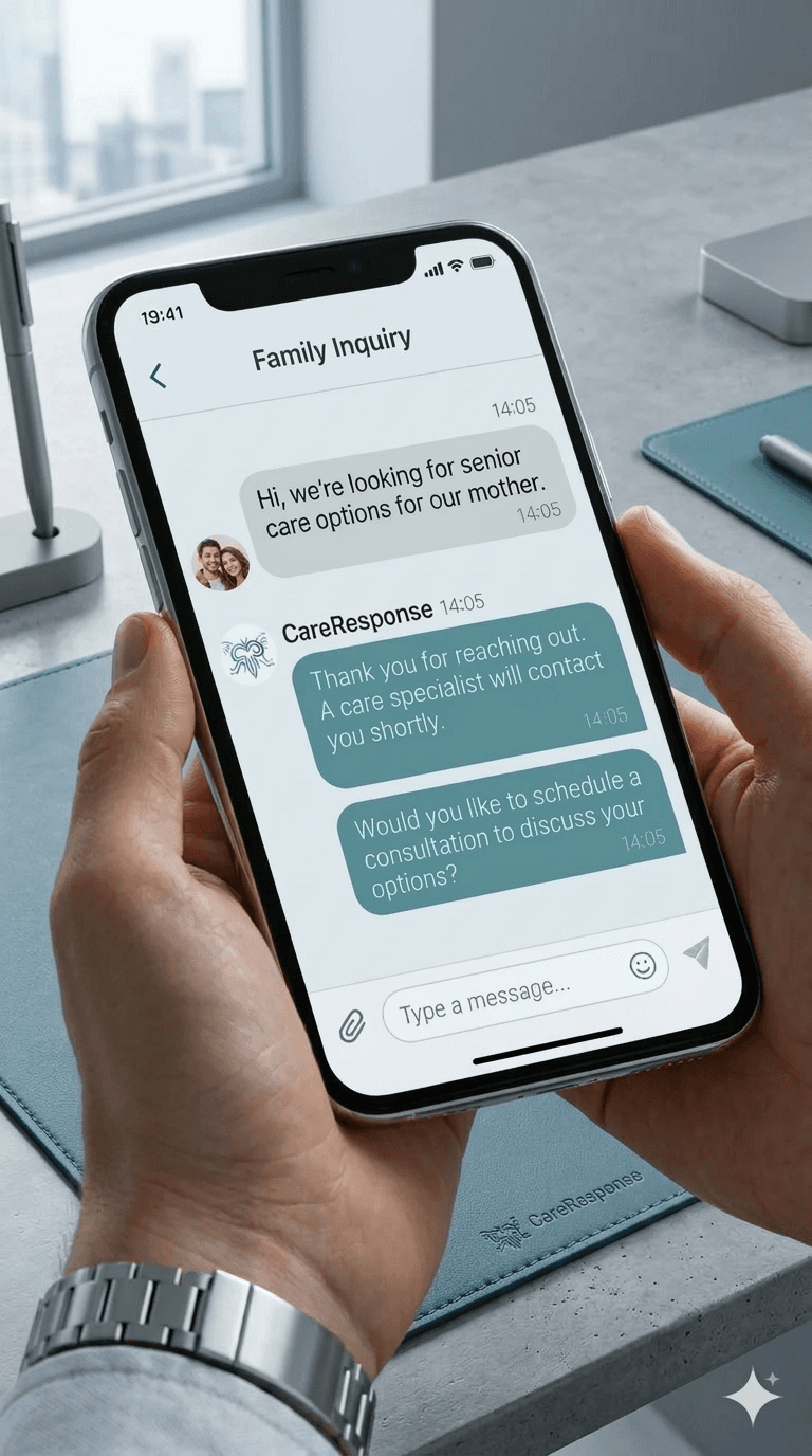 Hands holding a smartphone showing a chat with CareResponse about senior care options.