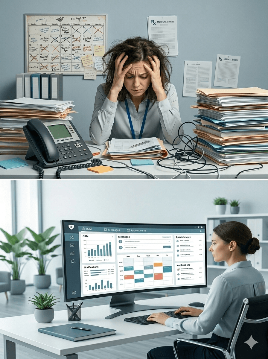 Stressed office worker with paper clutter versus a calm professional using an organized digital dashboard.