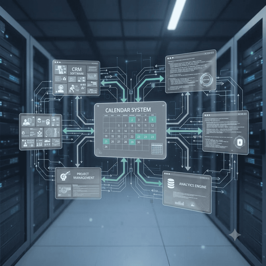 Digital interface panels for CRM, project management, and calendar systems interconnected in a server room.