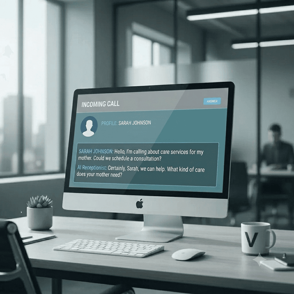 Computer screen displaying an AI receptionist transcript for an incoming call about care services.