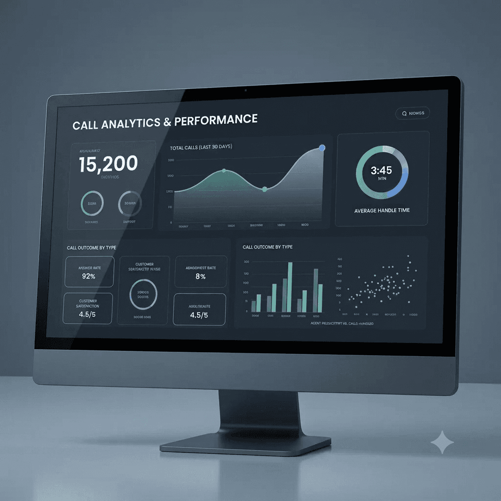 Sleek monitor displaying a dark call analytics dashboard with various data charts and performance metrics.