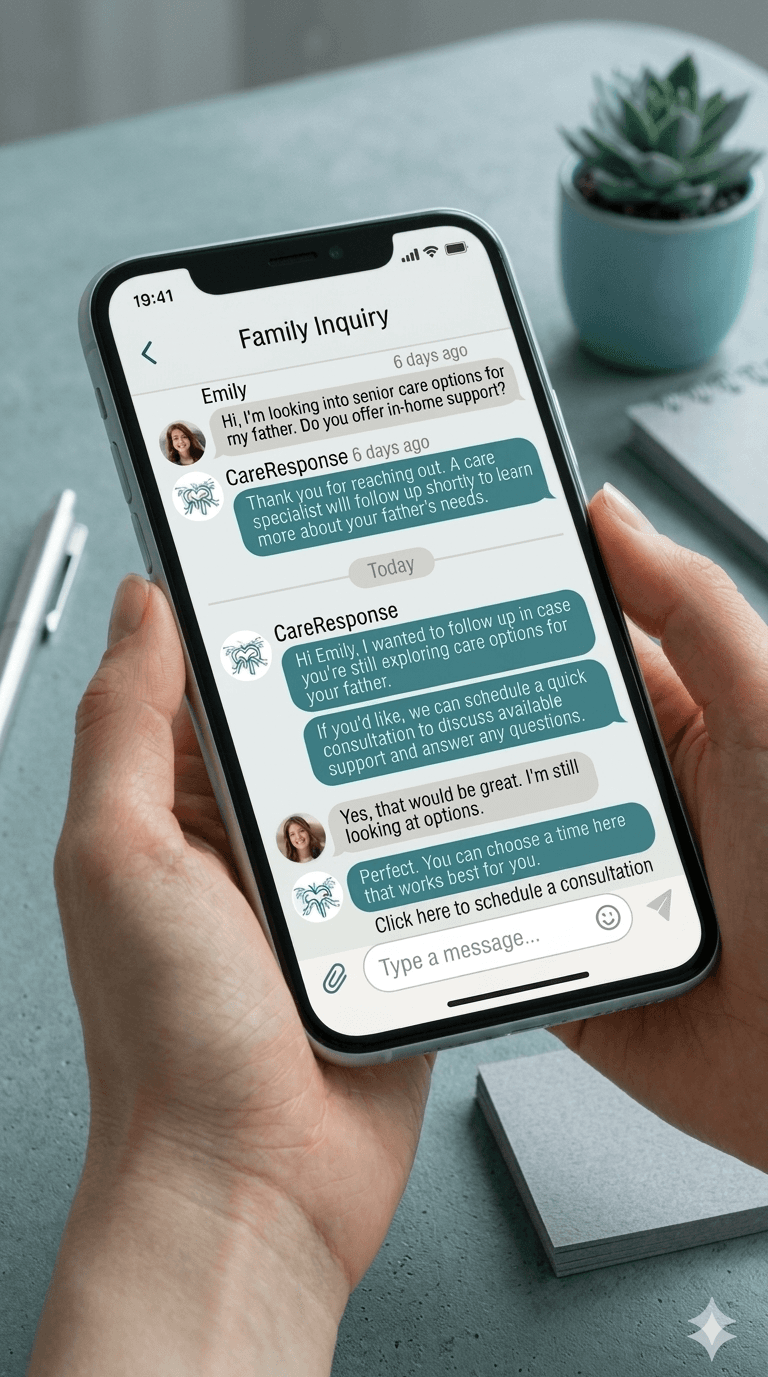 Hands holding a smartphone displaying a chat conversation about senior care options and consultation scheduling.