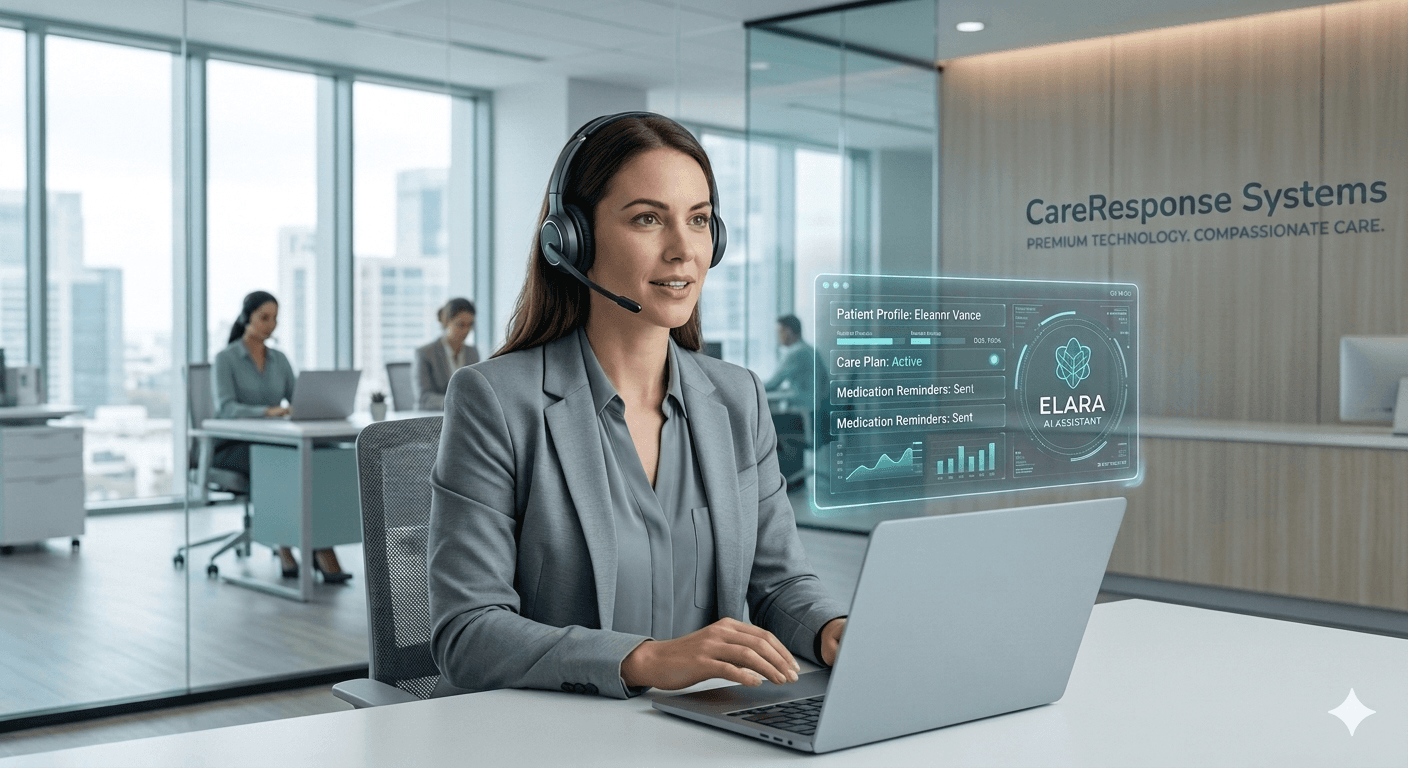 Professional woman with headset using a laptop and a holographic AI healthcare assistant.
