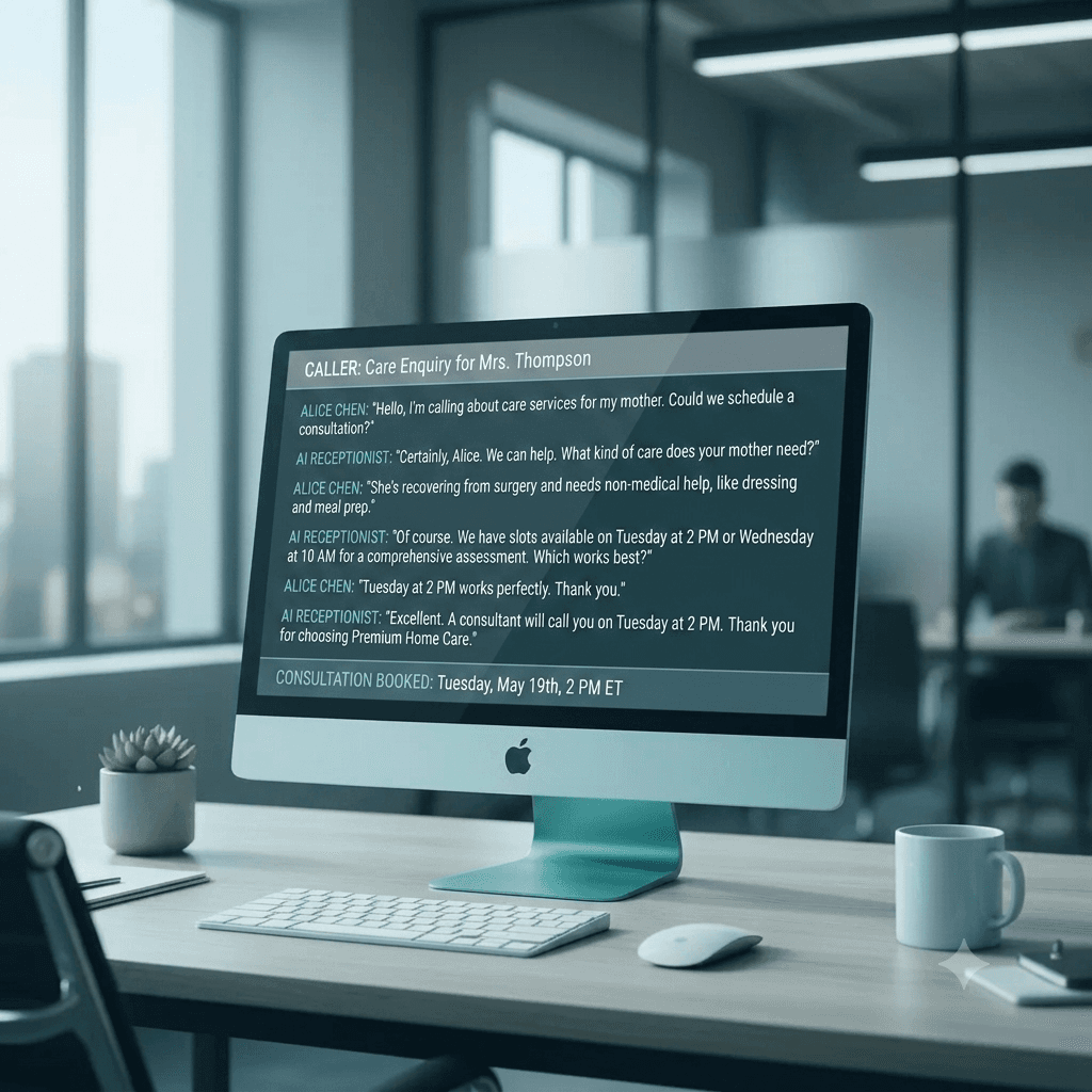 Desktop monitor displaying a transcript of an AI receptionist scheduling a home care consultation.