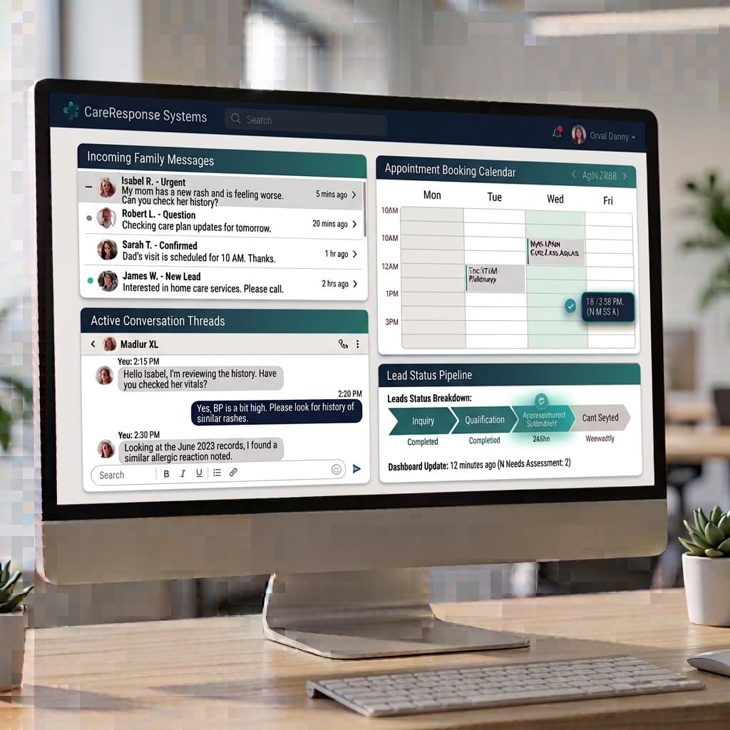 Computer monitor displaying a healthcare dashboard with family messages, an appointment calendar, and lead tracking.