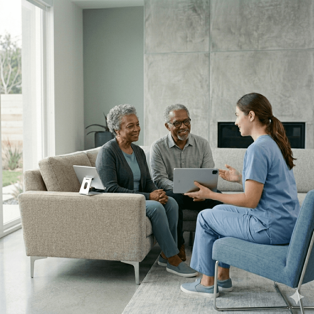 Nurse in blue scrubs discusses health information on a tablet with a senior couple.