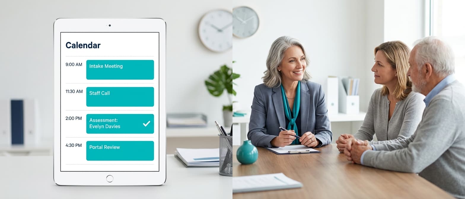 Tablet showing a calendar schedule beside a professional woman meeting with an older couple.