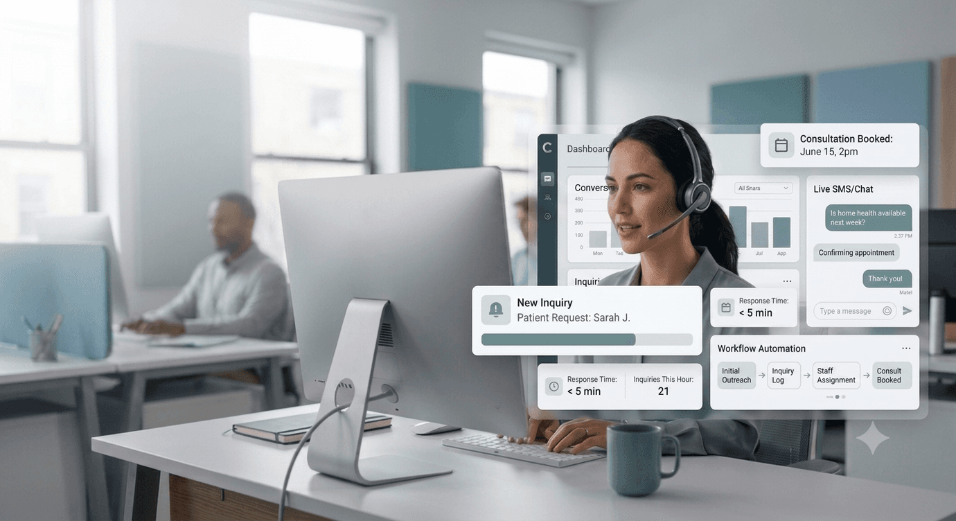Woman with headset uses computer with digital healthcare dashboard overlays in a modern office.