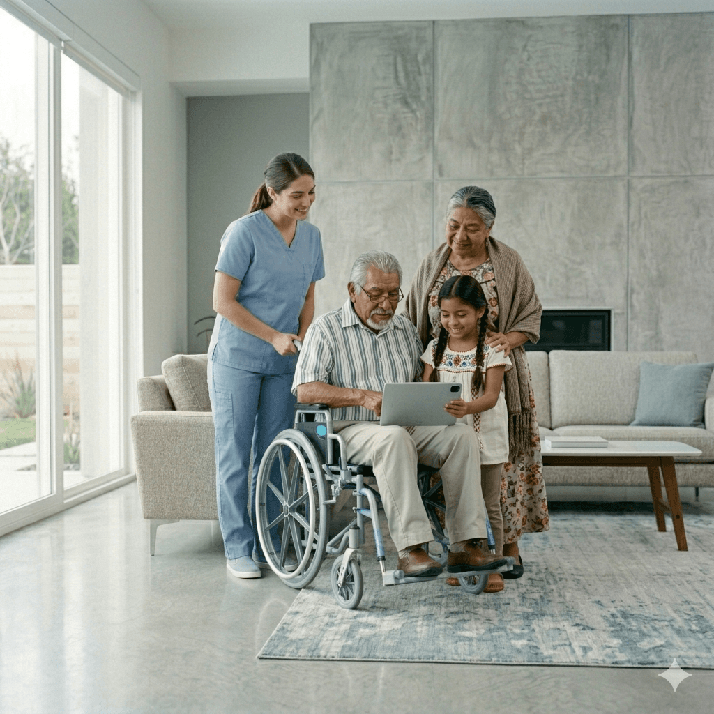A caregiver and family gather around an elderly man in a wheelchair using a tablet.