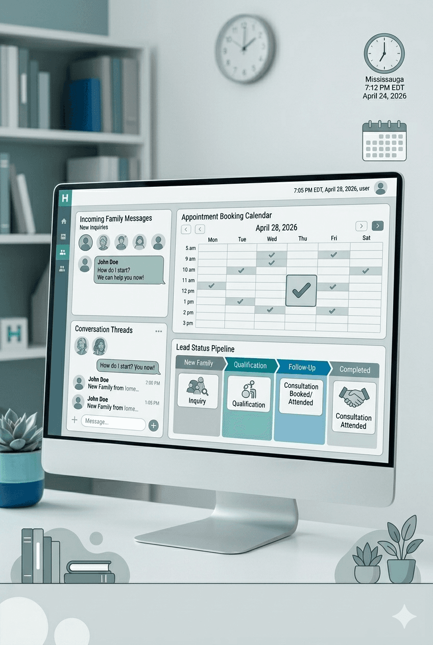 Computer monitor displaying a business dashboard with messaging, a booking calendar, and lead tracking.