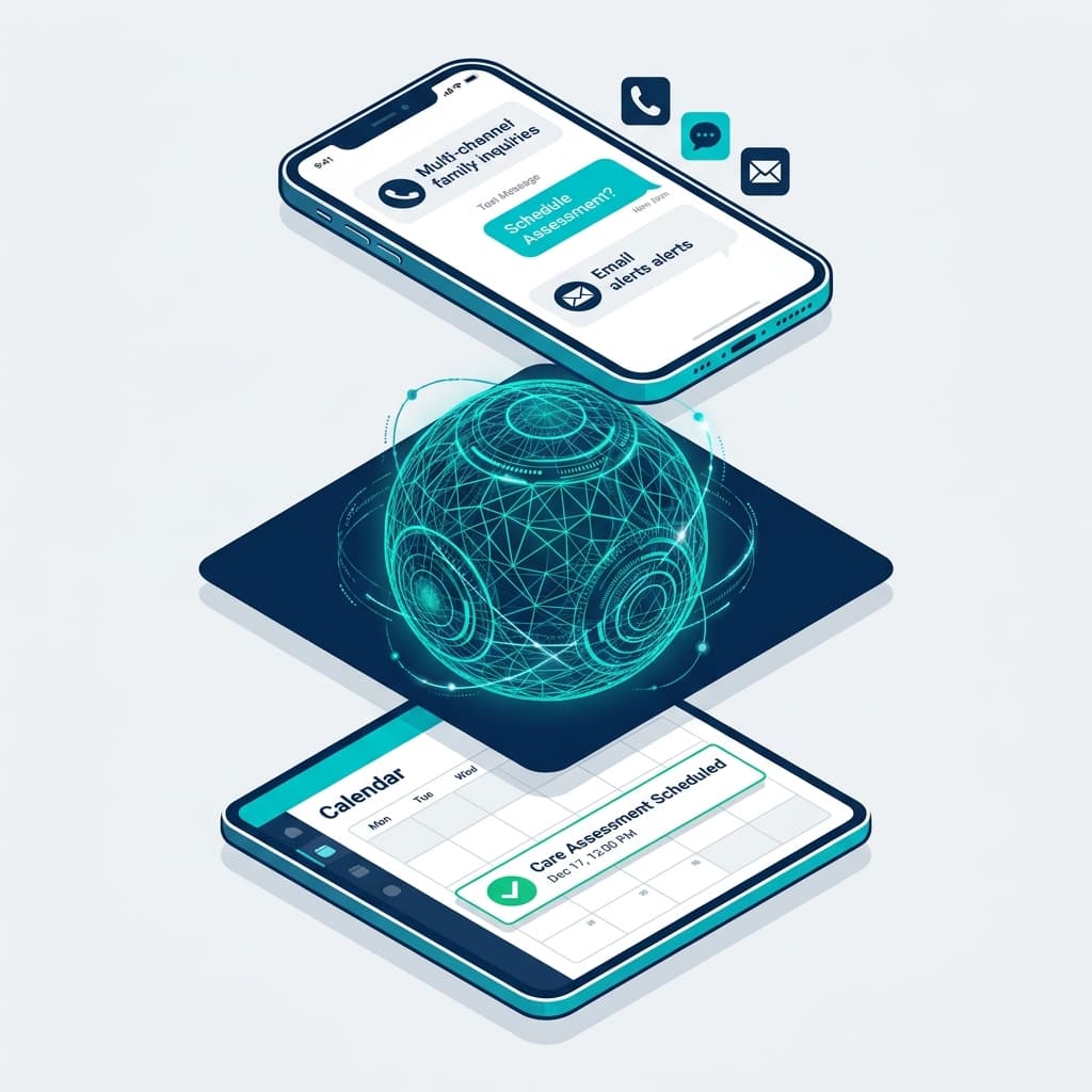 Isometric graphic of a smartphone, digital globe, and calendar for scheduling family care assessments.