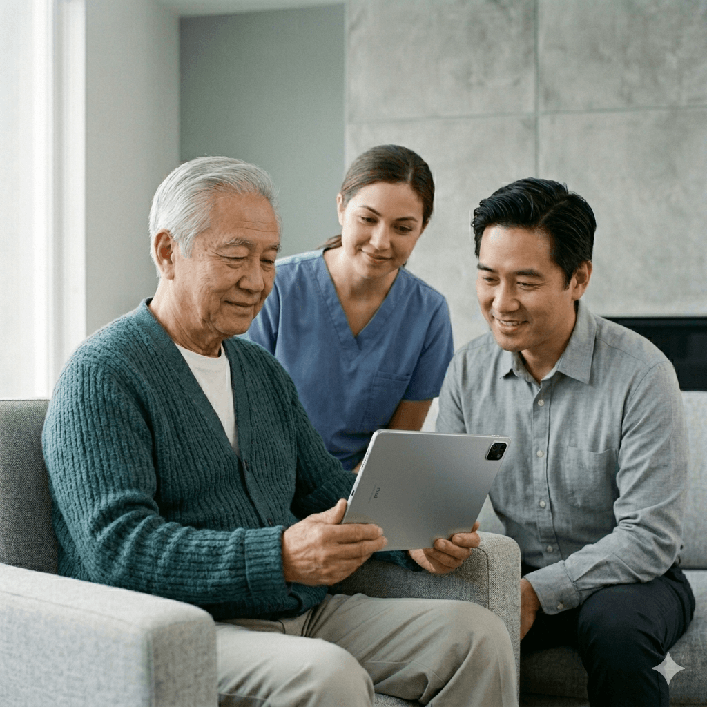 Elderly Asian man, younger man, and nurse smiling while looking at a tablet together indoors.
