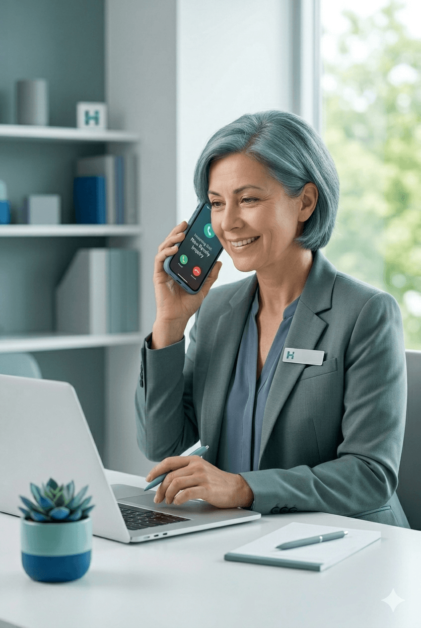 Smiling professional woman with blue hair talks on a phone while using a laptop.