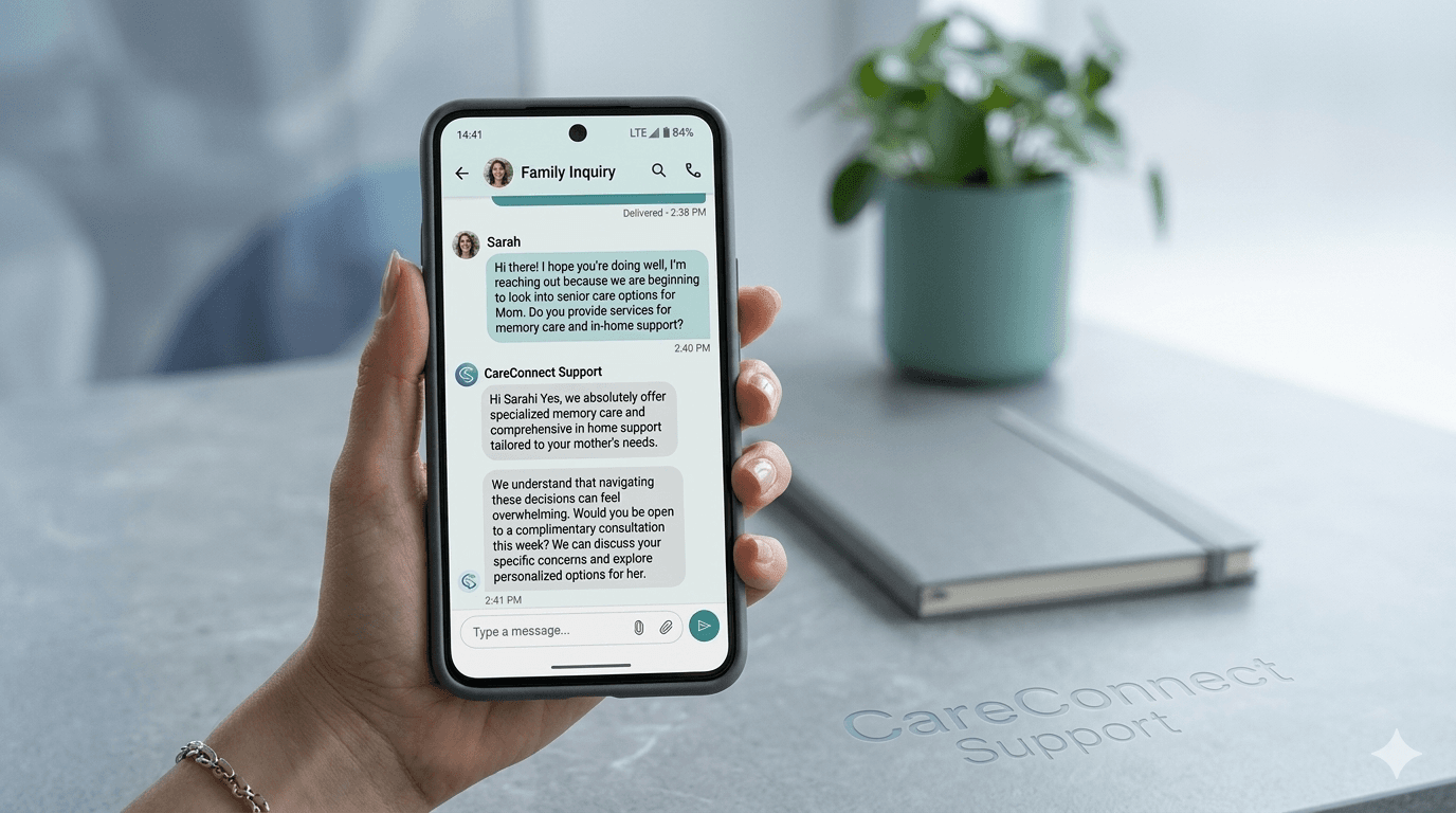 Smartphone screen showing a text message exchange about senior care options with CareConnect Support.