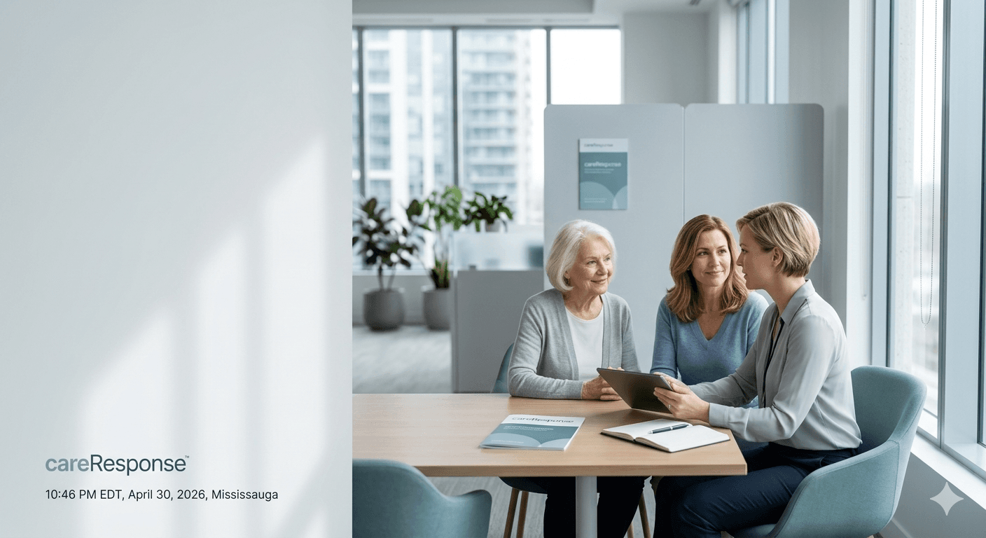 Healthcare professional showing a tablet to a senior woman and daughter in a modern office.
