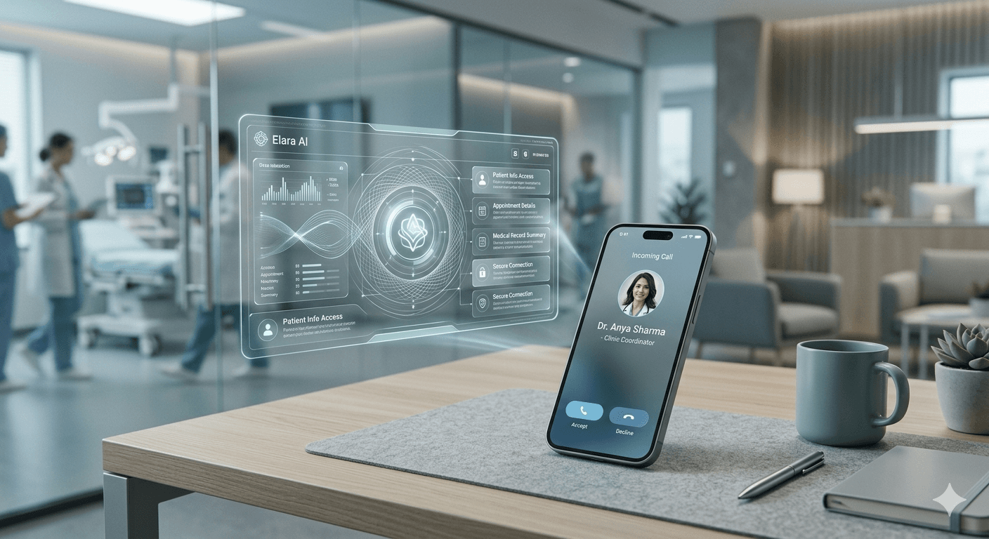 Smartphone receiving a call beside a floating holographic medical interface in a modern clinic.