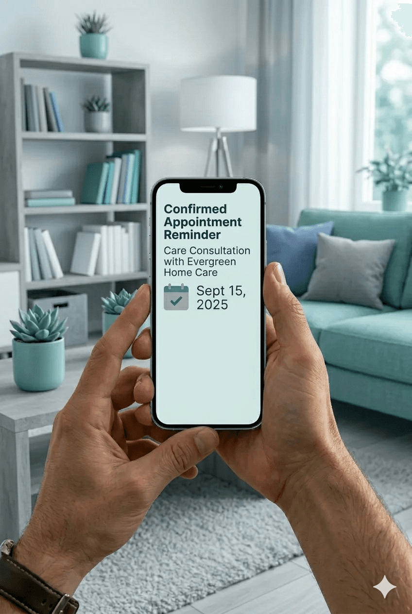 Hands holding a smartphone displaying a care consultation appointment reminder in a modern living room.