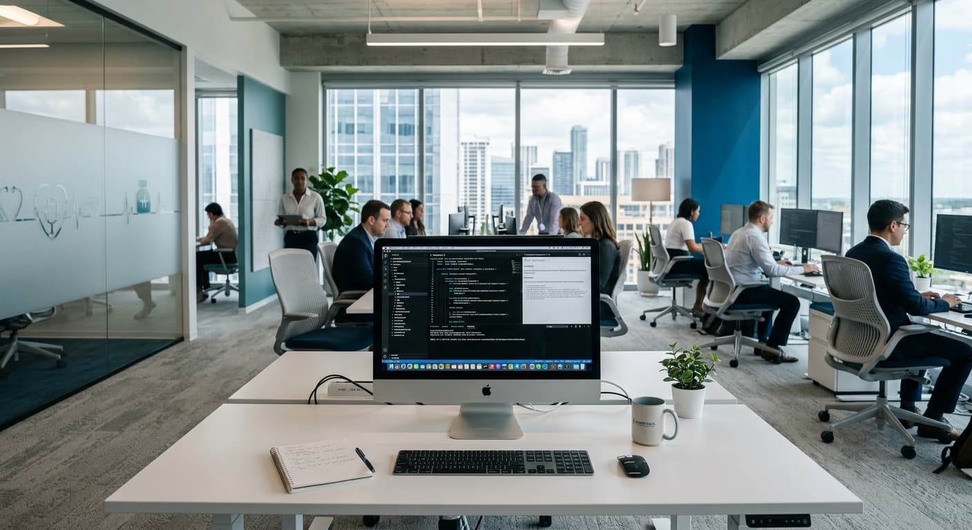 Modern open-plan office with professionals working at desks and a computer screen showing code.