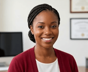 Smiling Black woman with braided hair wearing a red cardigan in a professional office.
