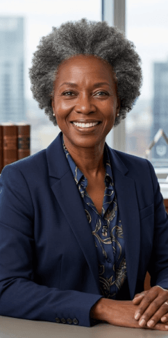 Smiling Black woman with grey afro hair wearing a navy blazer in a professional office.