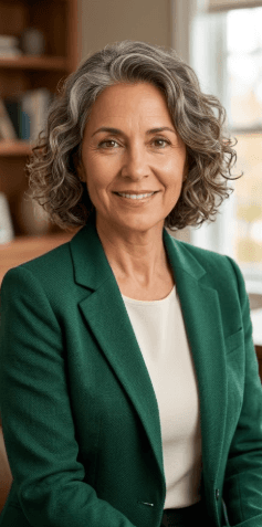 Smiling middle-aged woman with wavy grey hair wearing a green blazer in an office.