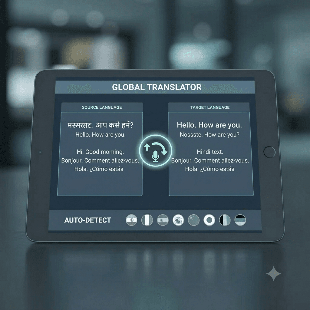 Tablet displaying a global translator app with multilingual text, a microphone icon, and flags.